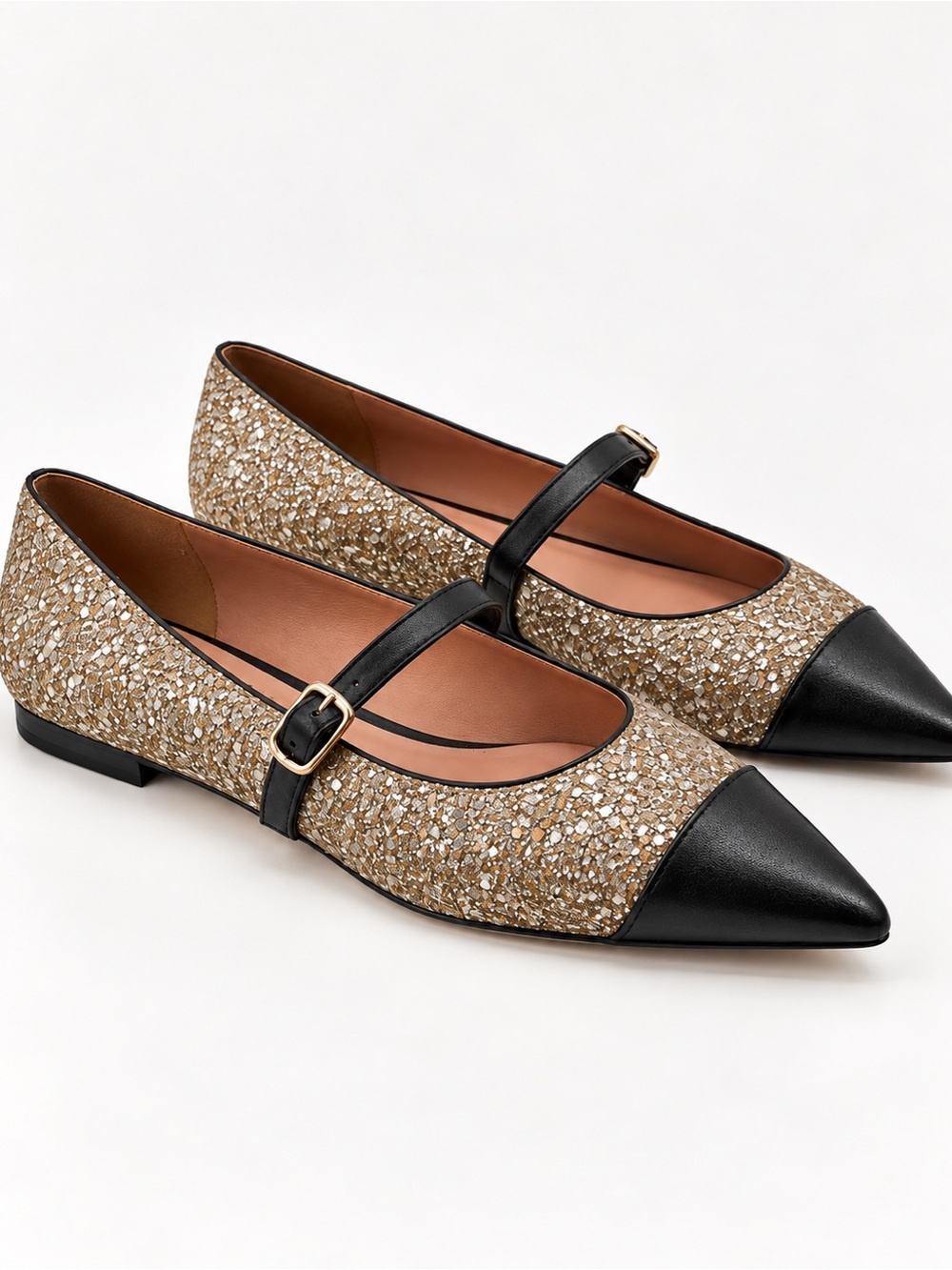 Paolo Gold Glitter Mary Jane Flats with Black Toe